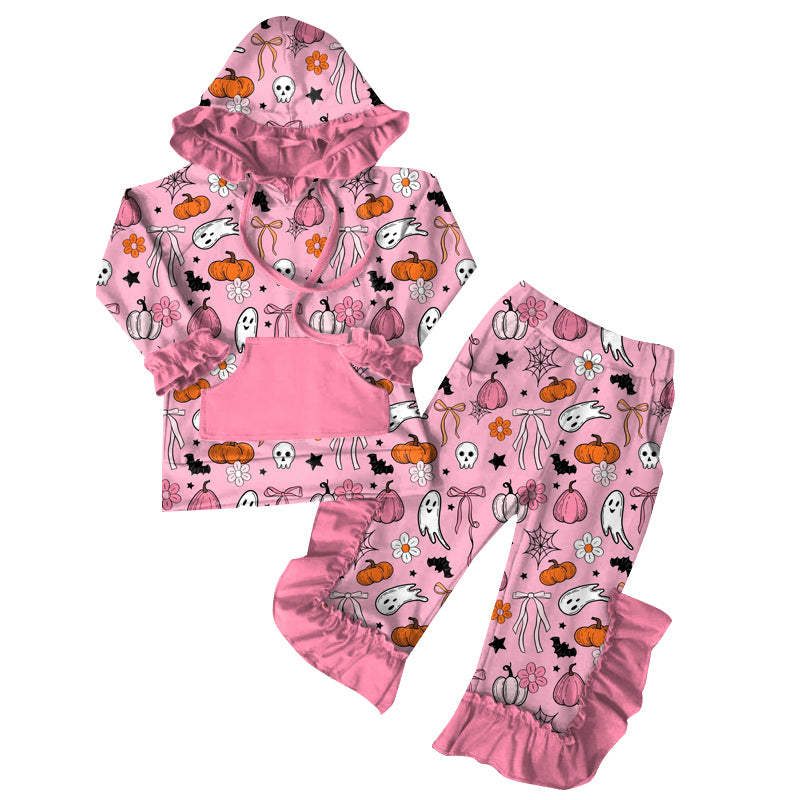 Baby Girls Long Sleeves Pink Ghost Pumpkins Pockets Hoodie Ruffle Pants Set Preorder