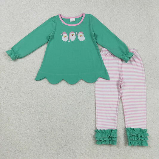 Embroidery Baby Girls Green Christmas Santa Tunic Stripe Legging Pant Sets