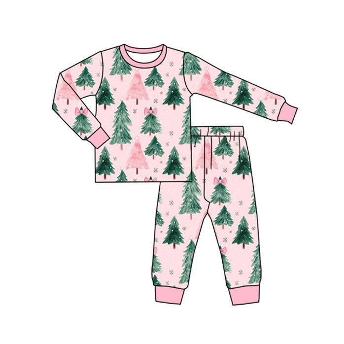 Baby Girls Pink Long Sleeves Bows Trees Plaid Top Pant Pajamas Set Preorder