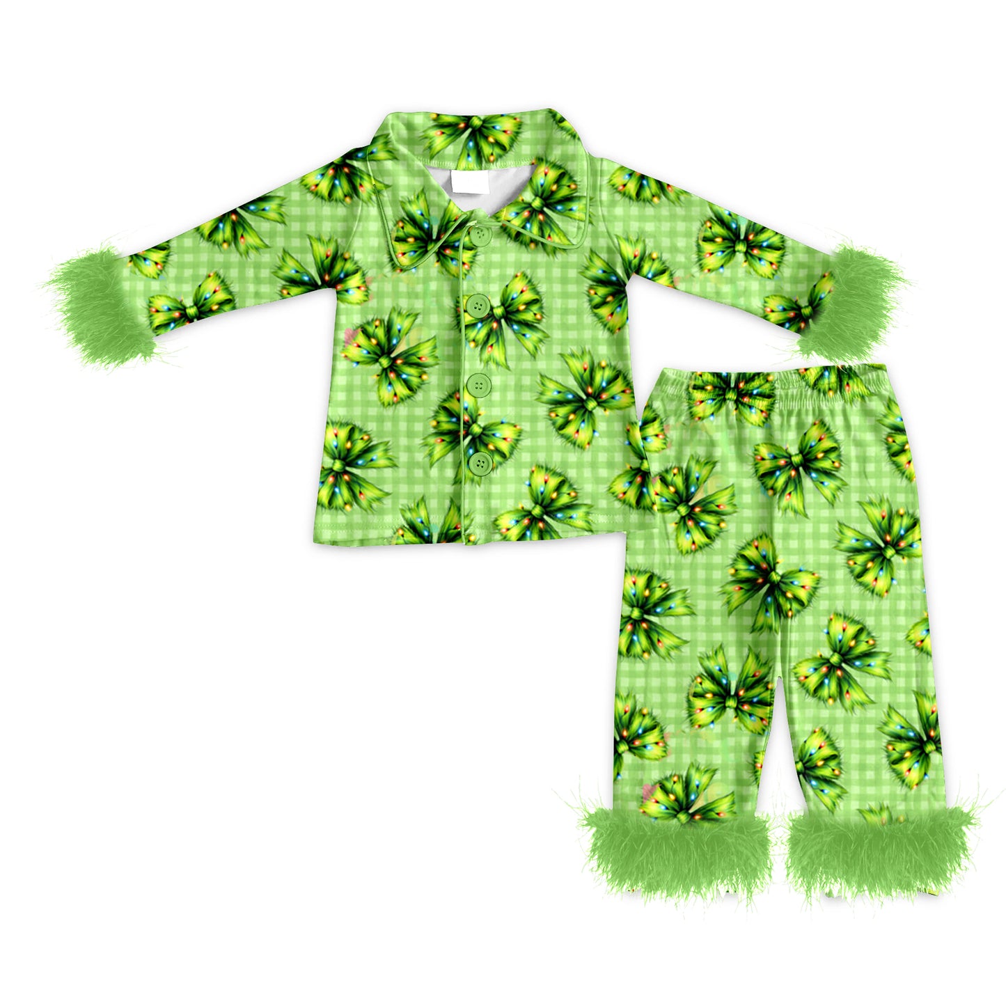 Baby Girls Fur Sleeve Green Bows Plaid Button Top Pant Christmas Pajamas Set