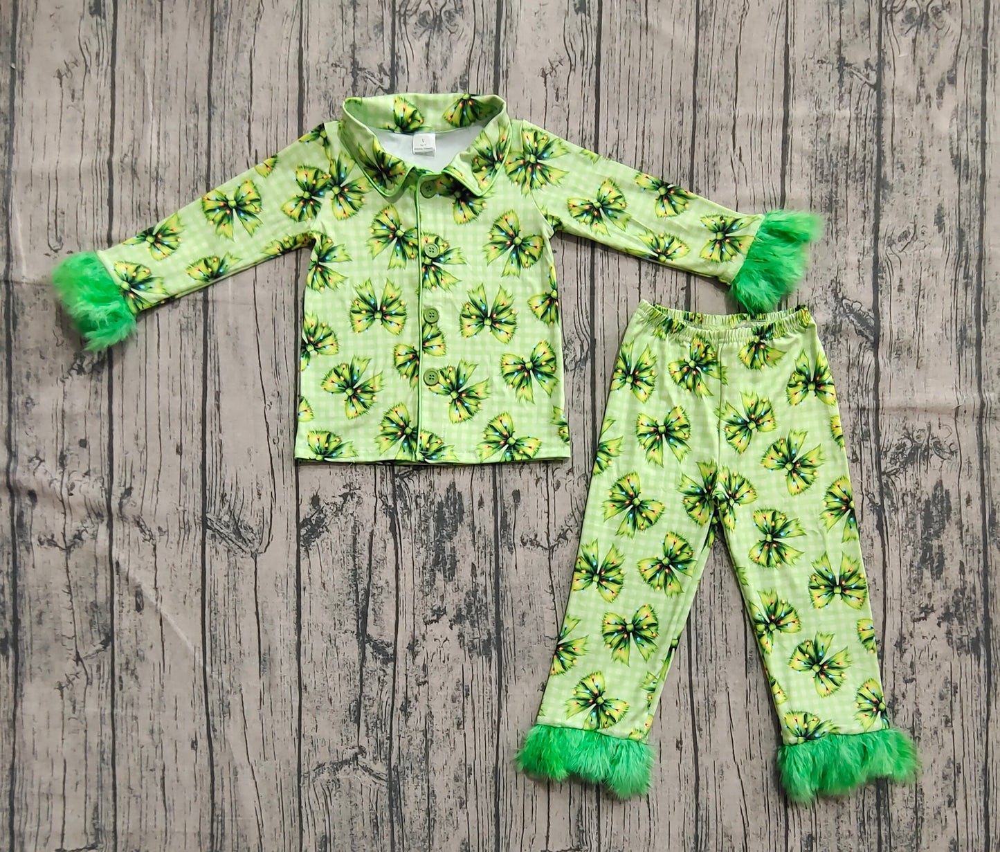 Baby Girls Fur Sleeve Green Bows Plaid Button Top Pant Christmas Pajamas Set