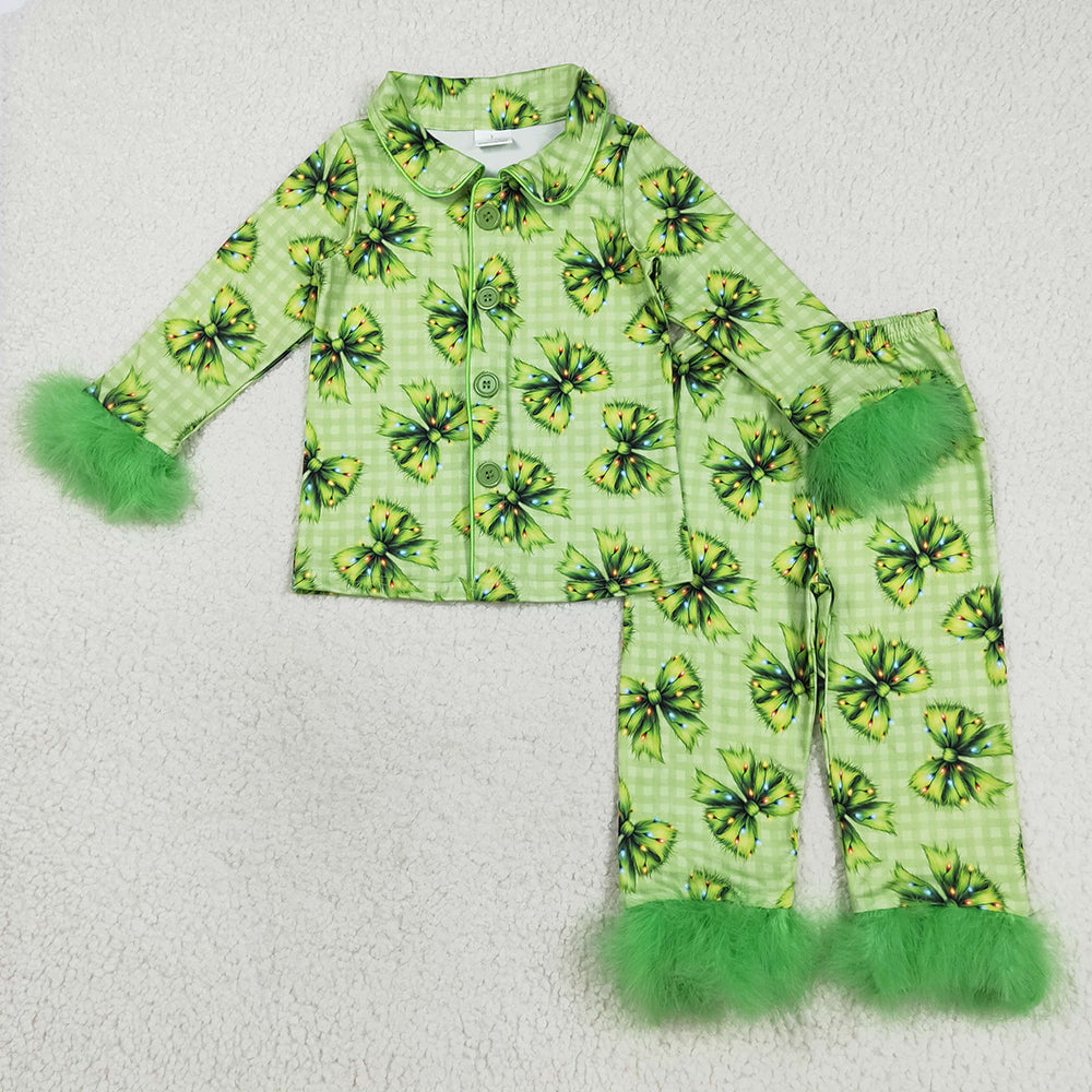 Baby Girls Fur Sleeve Green Bows Plaid Button Top Pant Christmas Pajamas Set