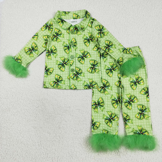 Baby Girls Fur Sleeve Green Bows Plaid Button Top Pant Christmas Pajamas Set