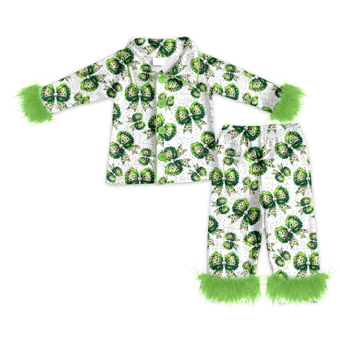 Baby Girls Fur Sleeves Green Bows Plaid Button Top Pant Christmas Pajamas Set