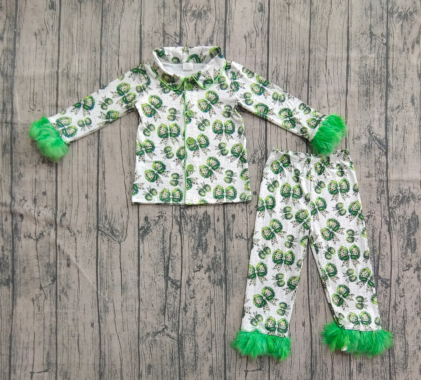 Baby Girls Fur Sleeves Green Bows Plaid Button Top Pant Christmas Pajamas Set