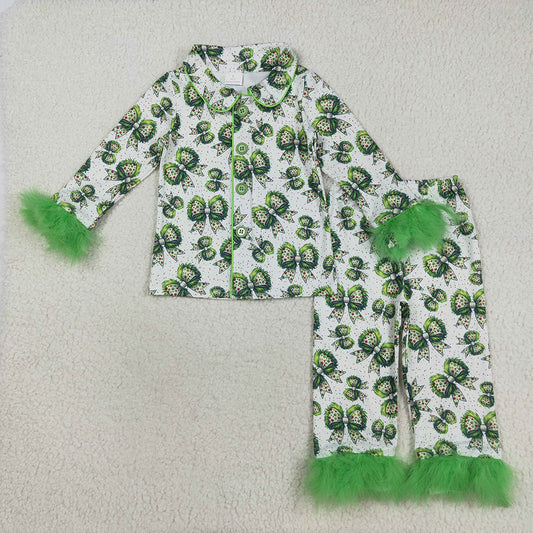 Baby Girls Fur Sleeves Green Bows Plaid Button Top Pant Christmas Pajamas Set