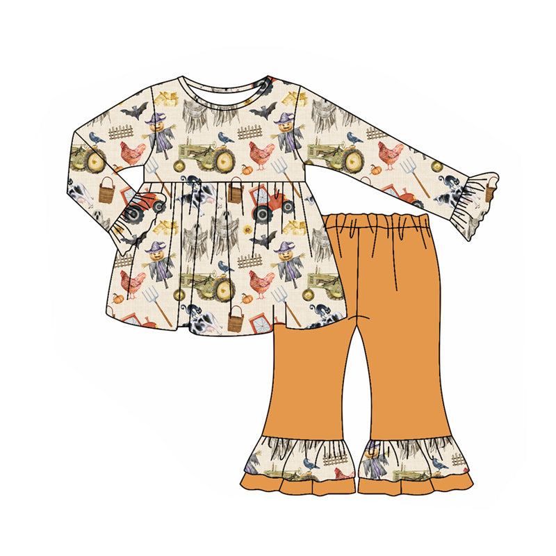 Baby Girls Long Ruffle Sleeves Trucks Chicks Farm Tunic Flare Pant Set Preorder