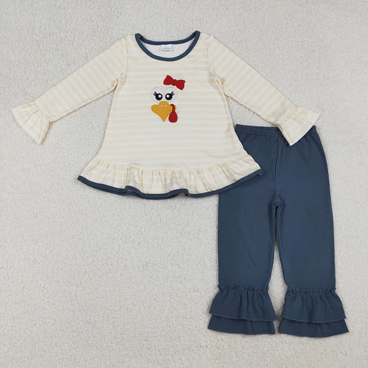 Embroidery Baby Girls Thanksgiving Turkey Tunic Ruffle Pants Sets