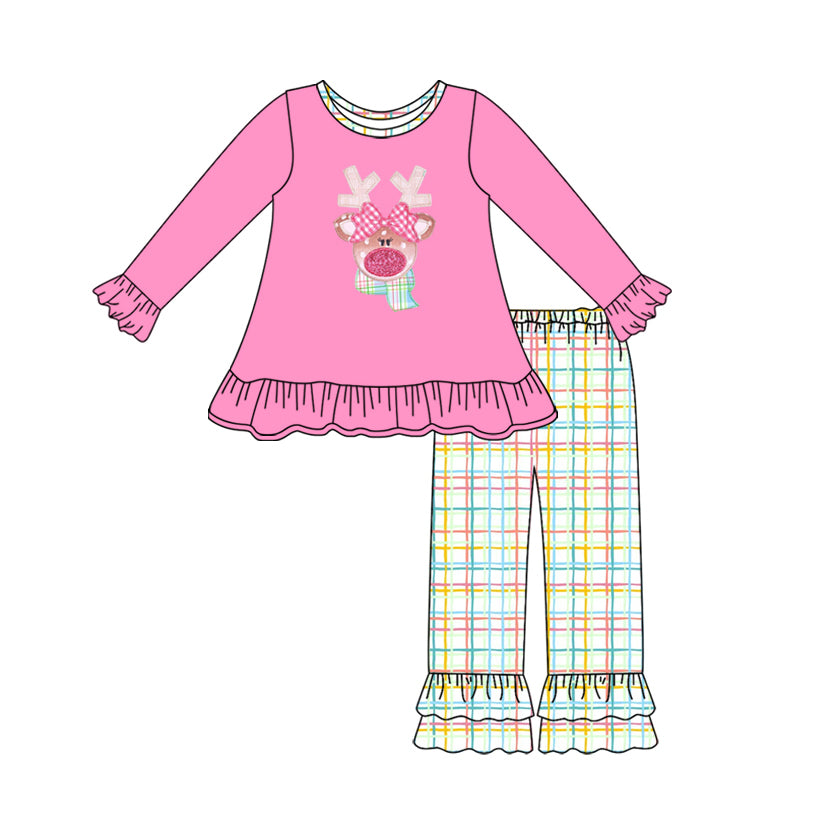 Baby Girls Long Ruffle Sleeves Christmas Deer Tunic Plaid Pants Set Preorder