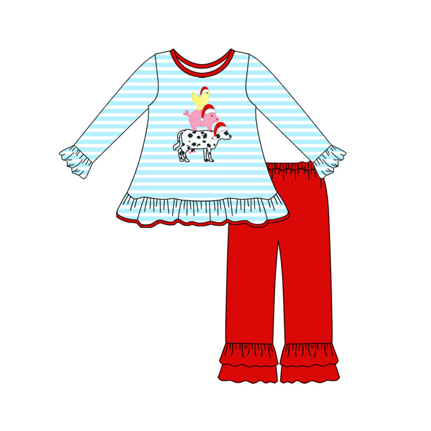Baby Girls Long Ruffle Sleeves Christmas Hats Chicks Cows Top Pant Set Preorder