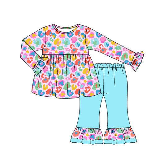 Preorder moq 5 Baby Girls Colorful Leopard Tunic Flare Pant Clothes Set