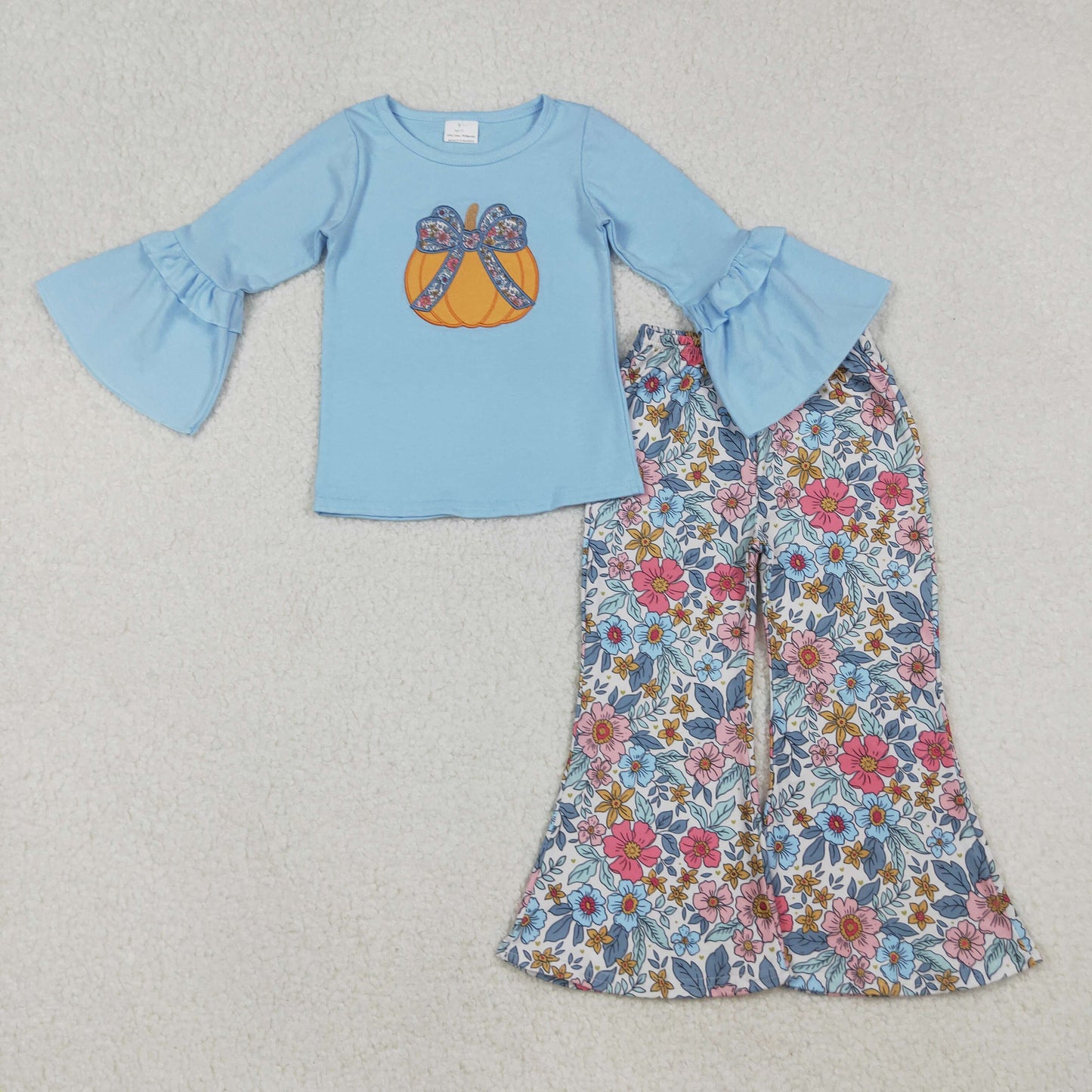 Embroidery Baby Girls Floral Pumpkins Top Bell Bottom Pant Sets