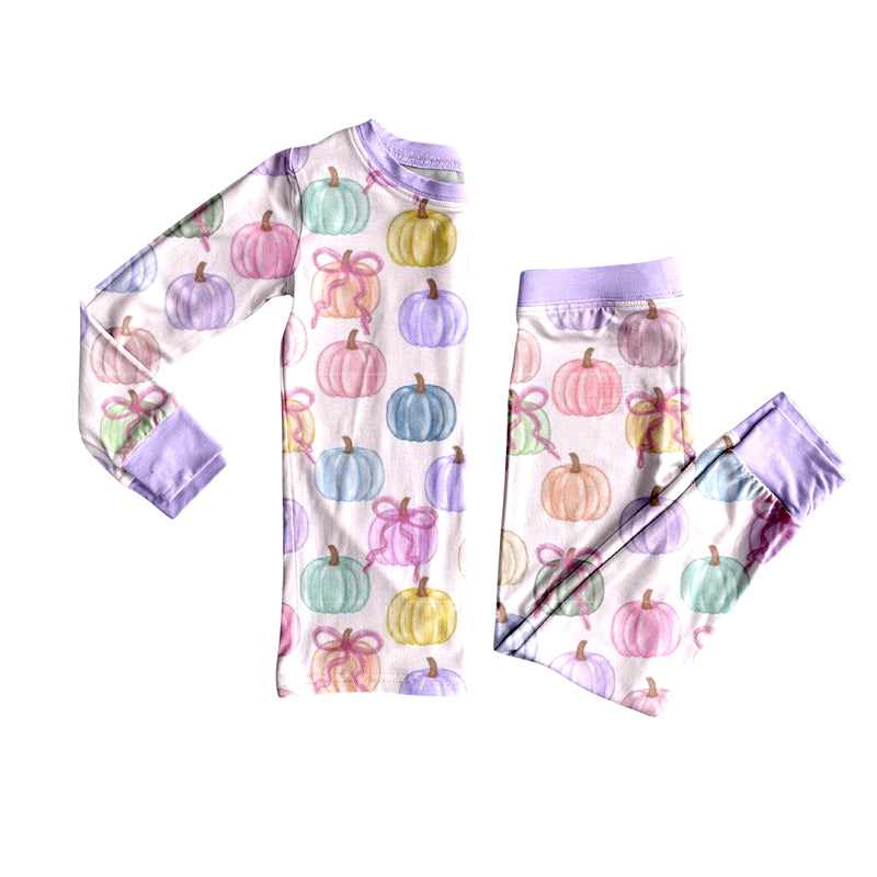 Baby Girls Colorful Bows Pumpkins Top Pant Fall Pajamas Set