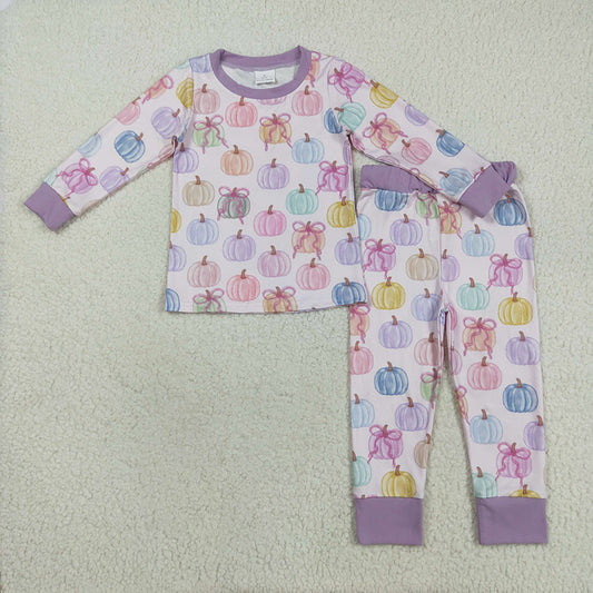 Baby Girls Colorful Bows Pumpkins Top Pant Fall Pajamas Set