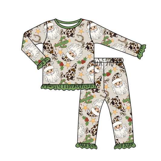 Baby Girls Long Ruffle Sleeves Santa Cactus Plaid Top Pants Pajamas Set Preorder