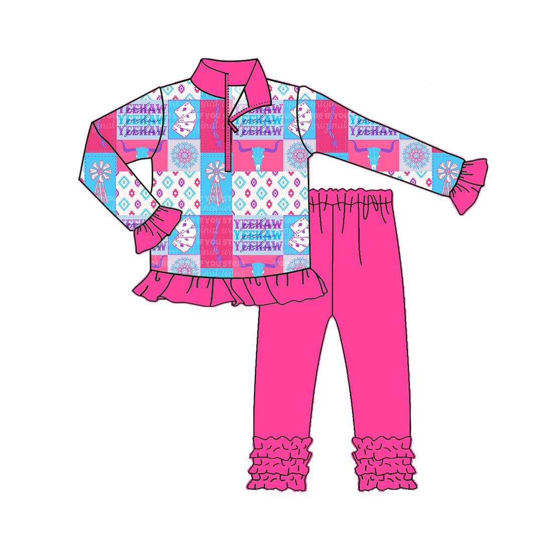 Baby Girls Long Ruffle Sleeves Aztec Bull Skull Zipper Top Legging Pant Set Preorder