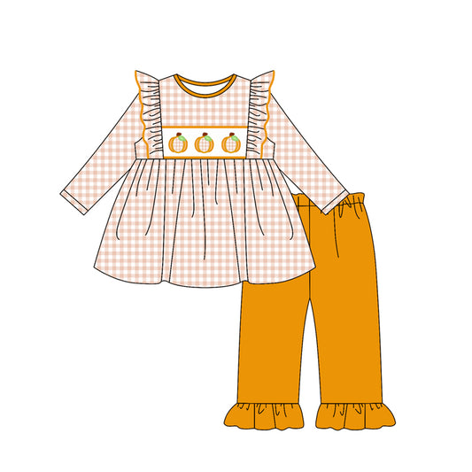 Baby Girls Long Sleeves Plaid Pumpkins Tunic Ruffle Pant Set Preorder
