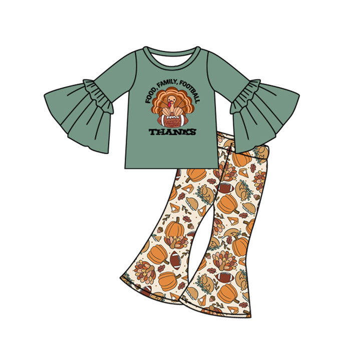 Baby Girls Bell Sleeves Turkey Footballs Top Bell Bottom Pant Set Preorder