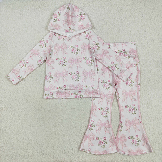 Baby Girls Pink Bows Floral Hooded Top Bell Pants Clothes Sets