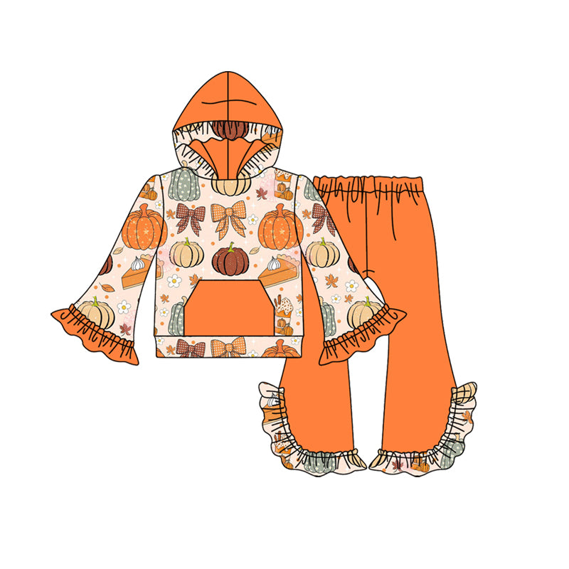 Baby Girls Long Sleeves Pumpkins Bows Plaid Tunic Bell Bottom Pants Set Preorder