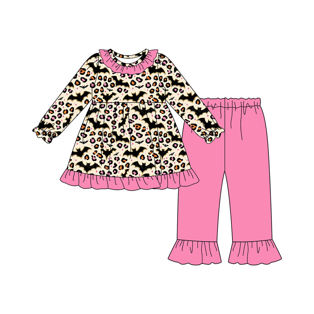 Baby Girls Long Sleeves Leopard Bats Plaid Tunic Ruffle Pants Set Preorder
