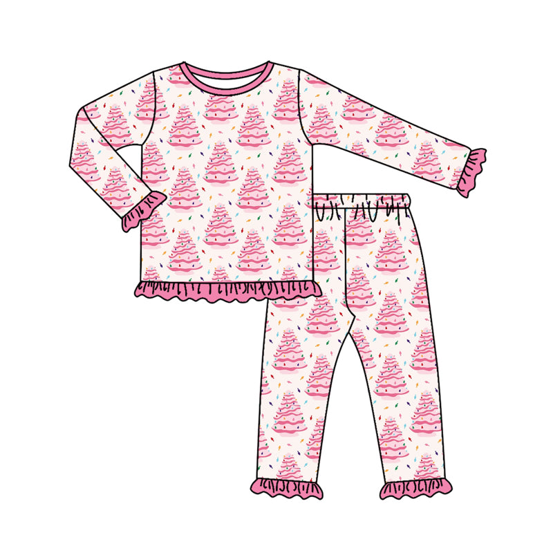 Baby Girls Long Ruffle Sleeves Christmas Trees Plaid Top Pants Pajamas Set Preorder