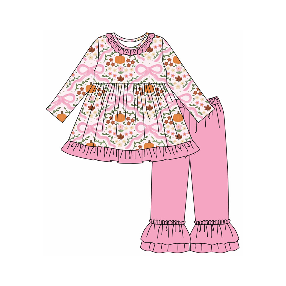 Baby Girls Long Sleeves Bows Floral Pumpkins Plaid Tunic Ruffle Pants Set Preorder