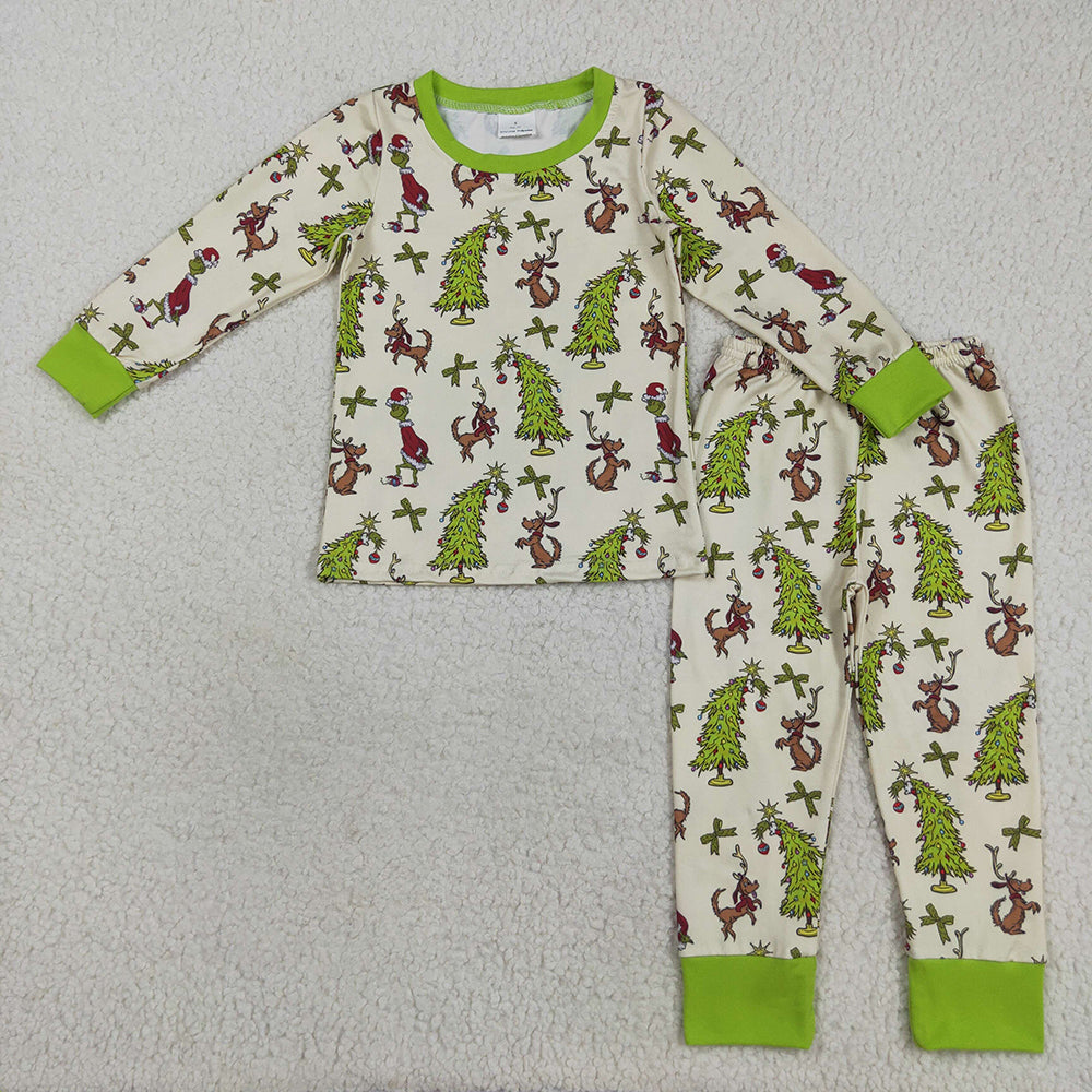 Baby Boys Christmas Trees Dogs Green Face Top Pant Pajamas Set