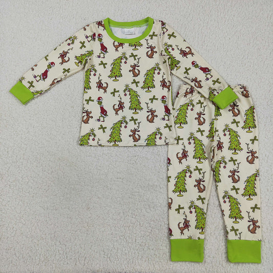 Baby Boys Christmas Trees Dogs Green Face Top Pant Pajamas Set