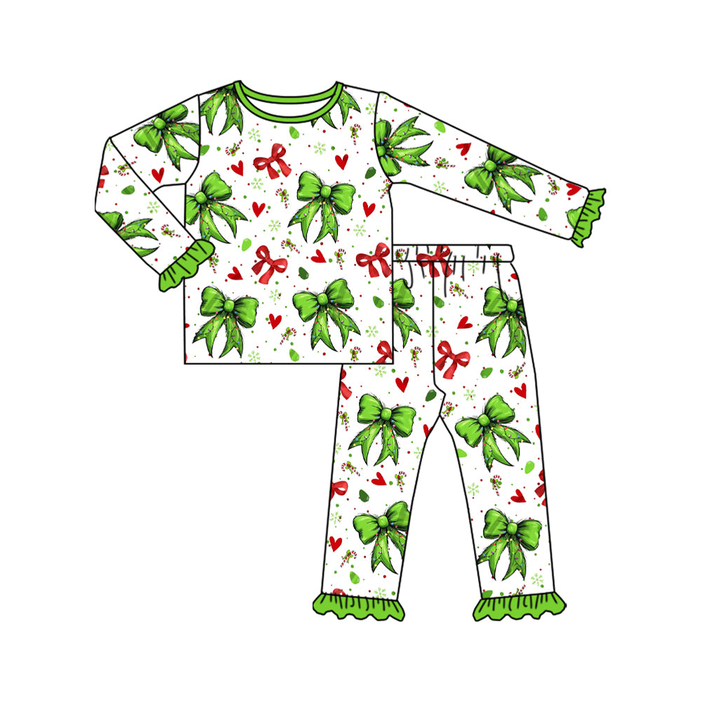 Baby Girls Christmas Green Red Bows Hearts Top Pant Pajamas Sets