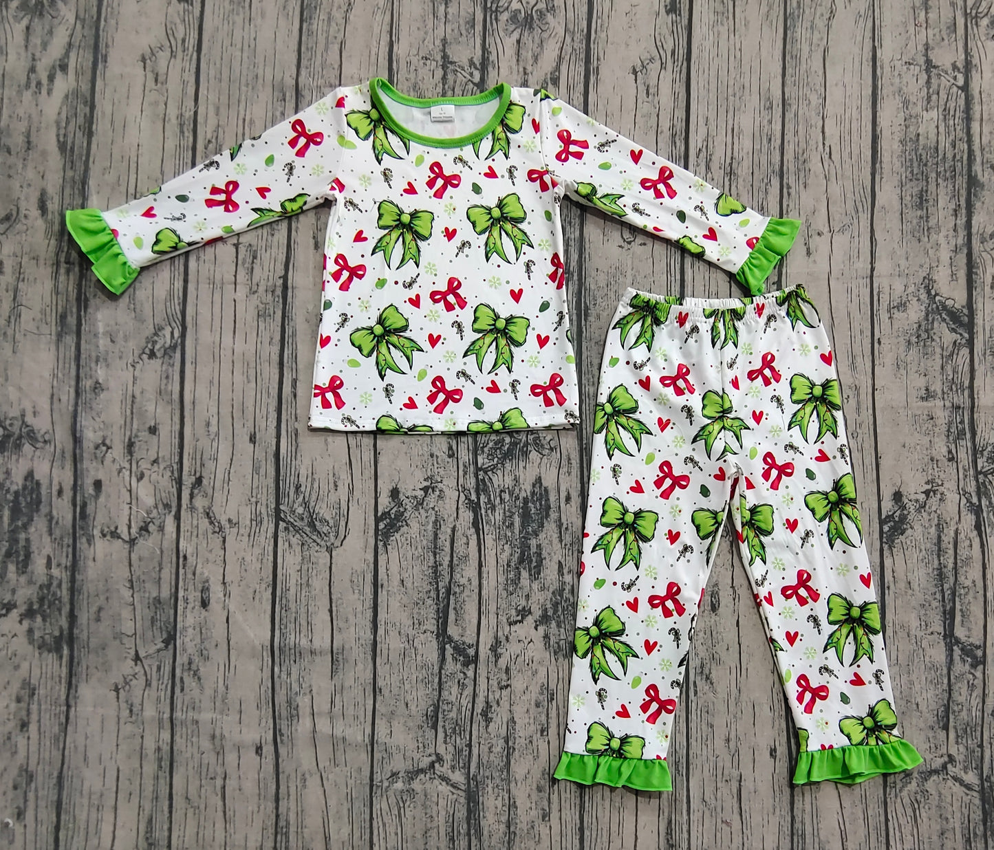 Baby Girls Christmas Green Red Bows Hearts Top Pant Pajamas Sets