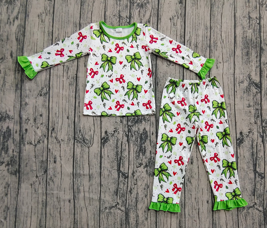 Baby Girls Christmas Green Red Bows Hearts Top Pant Pajamas Sets