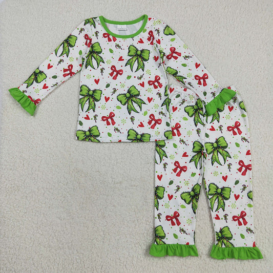 Baby Girls Christmas Green Red Bows Hearts Top Pant Pajamas Sets