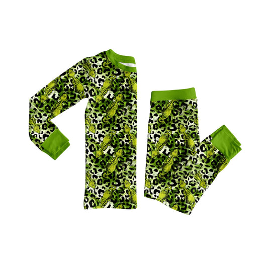 Preorder moq 5 Baby Girls Green Face Leopard Top Pants Christmas Pajamas Set