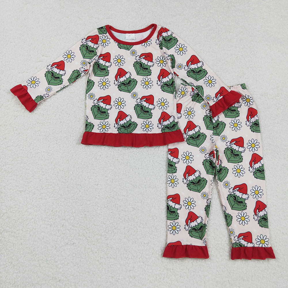 Baby Girls Christmas Green Face Flowers Top Pants Pajamas Set