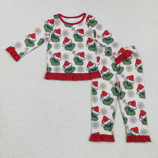 Baby Girls Christmas Green Face Flowers Top Pants Pajamas Set