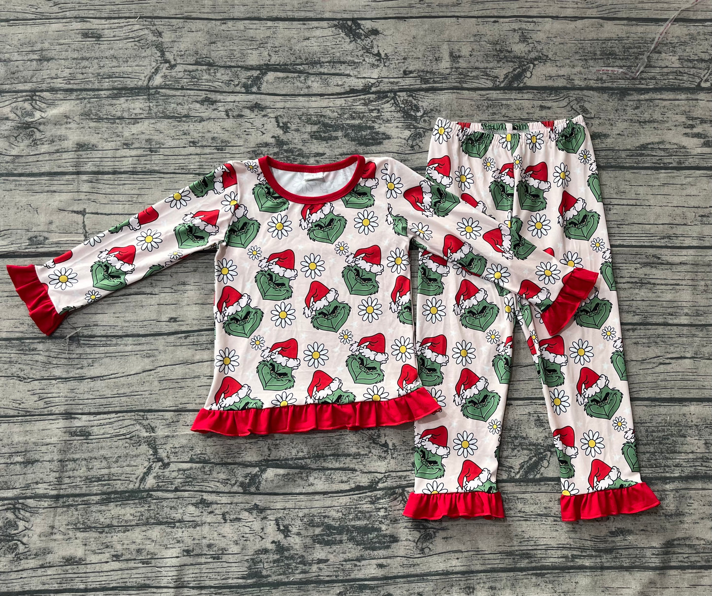 Baby Girls Christmas Green Face Flowers Top Pants Pajamas Set