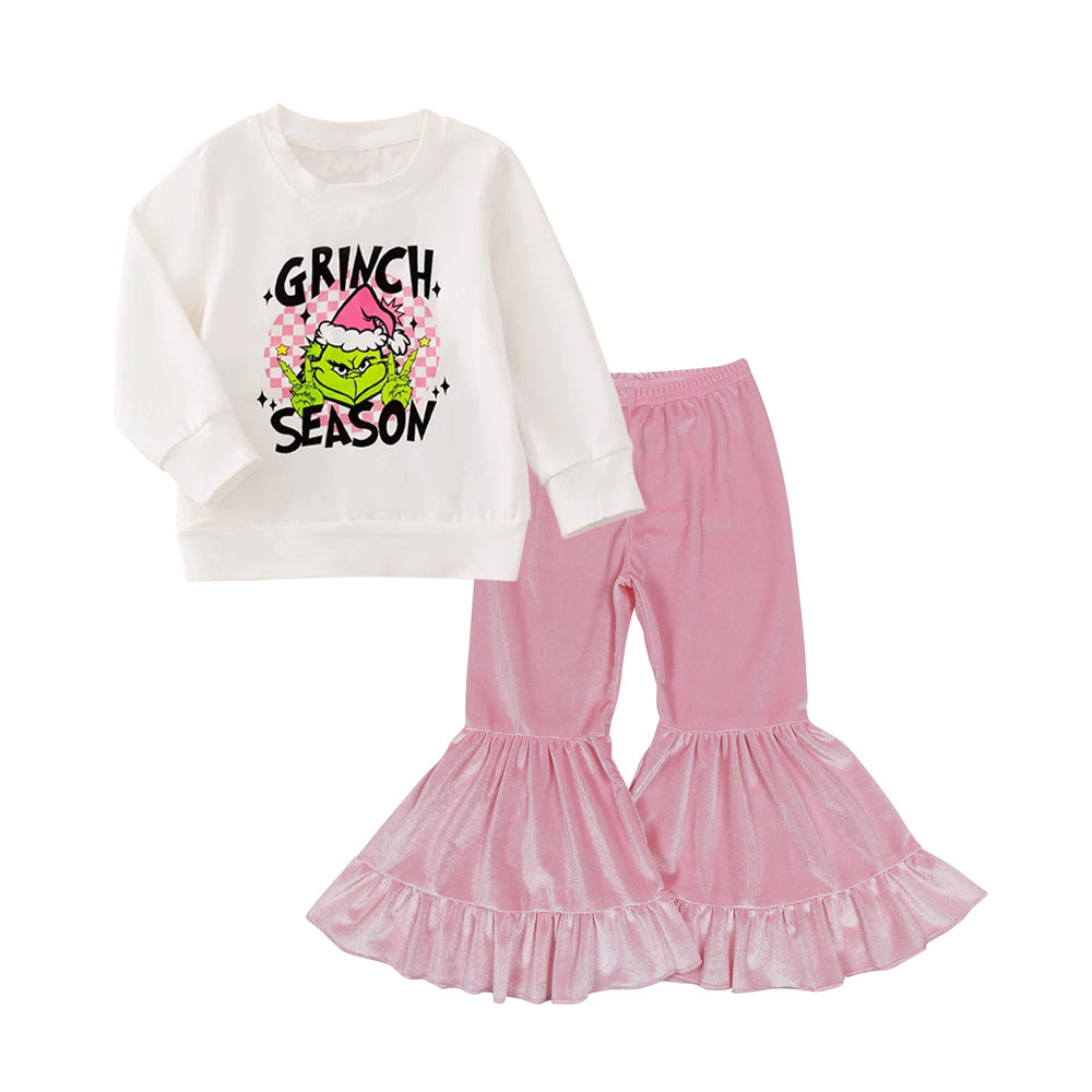 Baby Girls Green Faces Top Velvet Bell Bottom Pants Christmas Set Preorder