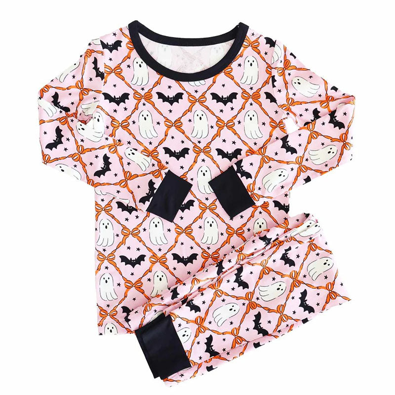 Baby Girls Long Sleeves Bows Bats Ghosts Plaid Top Pant Pajamas Set Preorder
