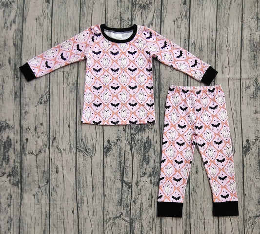 Baby Girls Long Sleeves Bows Bats Ghosts Plaid Top Pant Pajamas Set Preorder