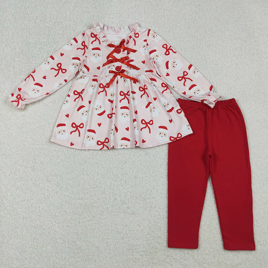 Sibling Baby Girls Bows Santa Button Tunic Leggings Christmas Clothes Set Knee Length Dress