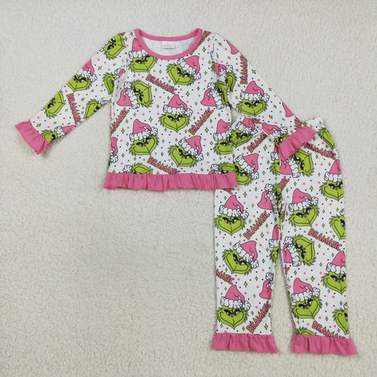 Sibling Baby Girls Green Faces Dramatic Christmas Zip Romper Pajamas Set Dresses