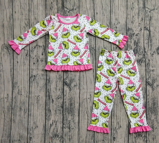Baby Girls Green Face Stars Plaid Top Pant Christmas Pajamas Set Preorder