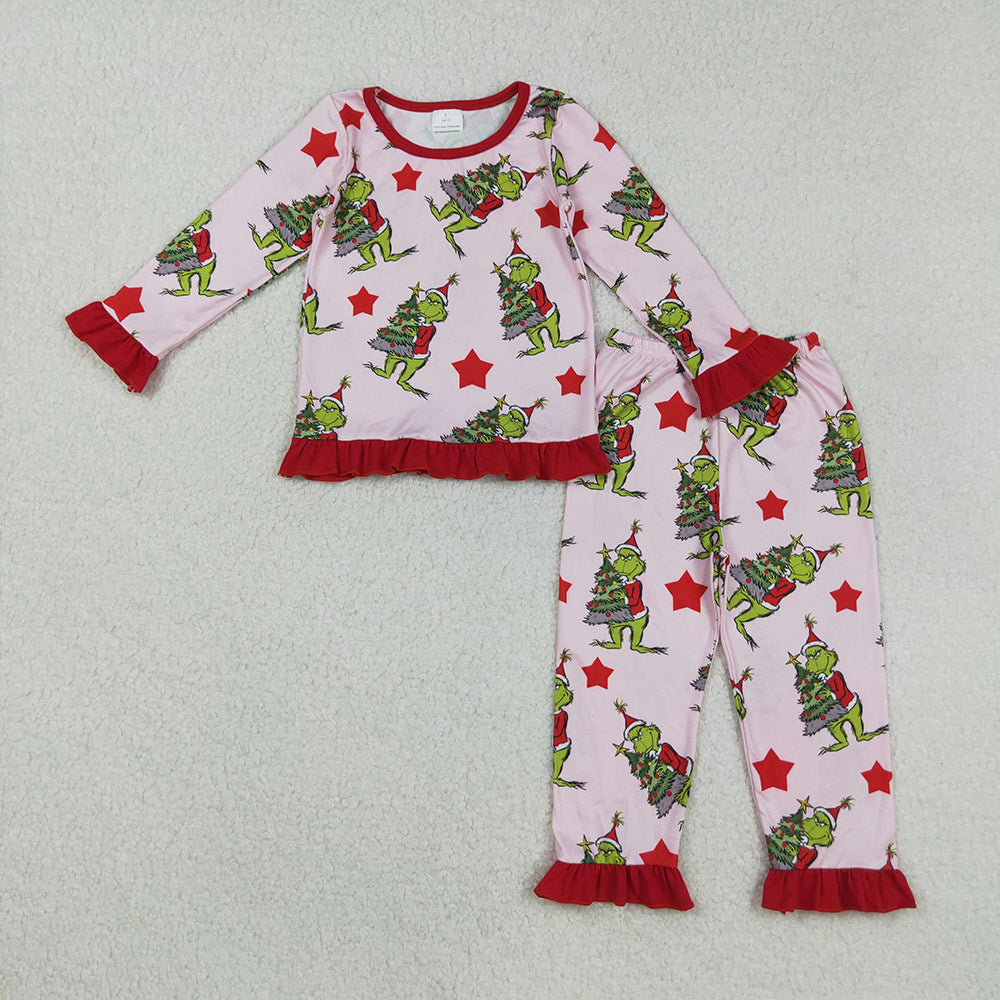 Baby Girls Christmas Green Face Trees Top Pants Pajamas Sets