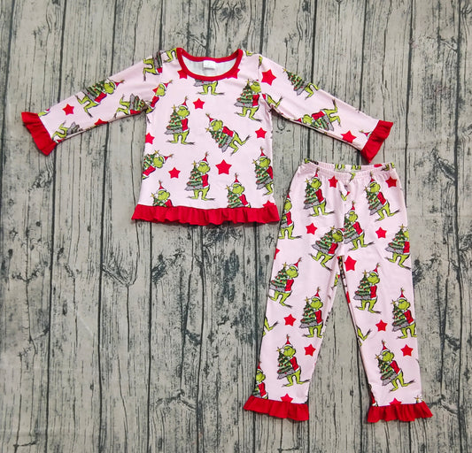 Baby Girls Christmas Green Face Trees Top Pants Pajamas Sets