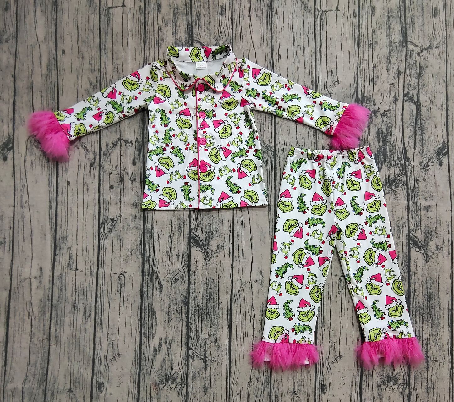Baby Girls Christmas Fur Green Face Buttons Top Pants Pajamas Sets