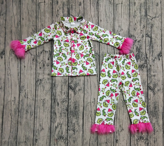 Baby Girls Christmas Fur Green Face Buttons Top Pants Pajamas Sets