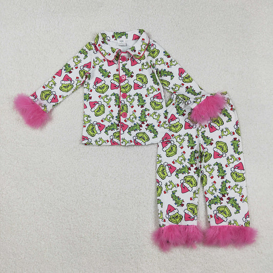 Baby Girls Christmas Fur Green Face Buttons Top Pants Pajamas Sets