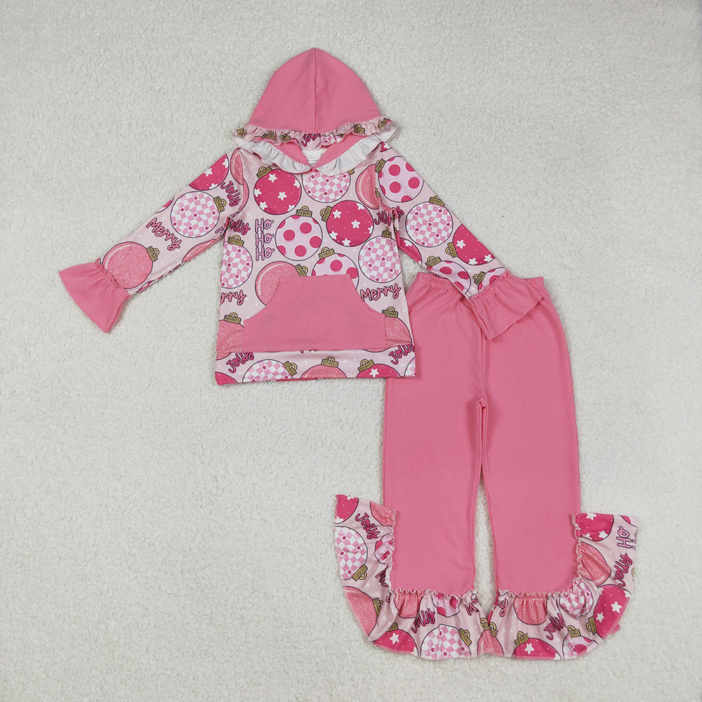 Baby Girls Pink Merry Christmas Pocket Hoodie Top Ruffle Pants Sets