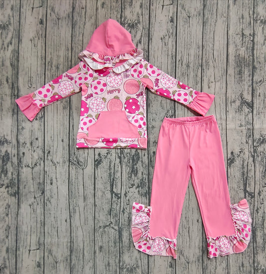 Baby Girls Pink Merry Christmas Pocket Hoodie Top Ruffle Pants Sets